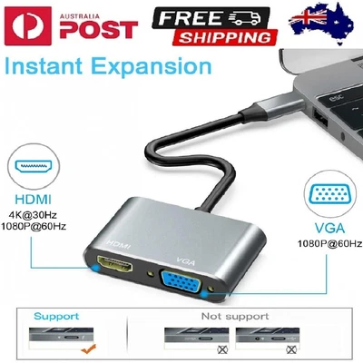 $31.99 • Buy USB-C TO HDMI VGA ADAPTER VIDEO SPLITTER HDTV CABLE TV HUB For PHONES / TABLETS
