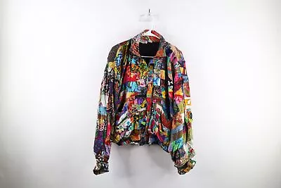 Vintage 90s Streetwear Womens Medium Rayon Patchwork Rainbow Bomber Jacket Coat • $79.96