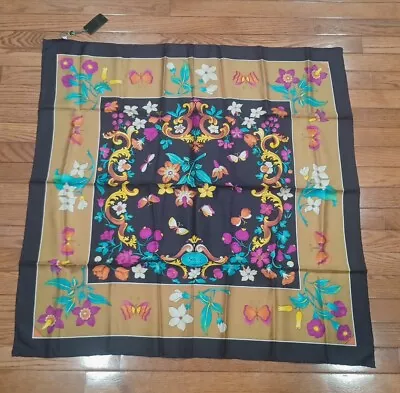 Vintage Gucci Flowers And BUTTERFLIES BLACK TRIM Silk Scarf 33”x 33  NWT REF965 • $99.99