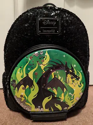 Disney Loungefly Mini Backpack Maleficent Sequin Snowglobe Villains Dragon RARE • $126.30