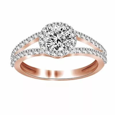 3/4 Ct Round Natural Diamond 14K Rose Gold Engagement Halo Ring • $1968.55