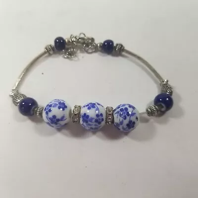 Vintage Ceramic Bead Rhinestone Fish Bracelet Blue White Silver Tone • $19.99