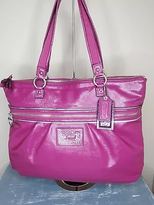 Coach Poppy Daisy Berry Patent Leather XLarge Zipped Tote Purse Pink Purple Bag • $59.99