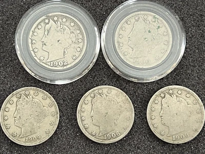 $0.50 • Buy Liberty V-Nickels - Lot Of (5), 1900, 1902, 1906-2, 1909