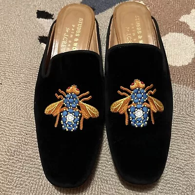 Women's $575 Stubbs & Wootton X J. Crew Velvet  BEE  Mules Slippers Shoes 8.5 • $199