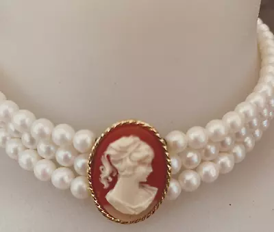 Vtg 3 Strand Faux Pearl/Cameo Choker/Necklace 13”-14” • $14.99