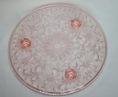 $38 • Buy US Glass Vintage Shaggy Rose Pink Footed Cake Plate  #2502