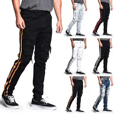 Victorious Men's Casual Distressed Double Striped  Skinny Jeans  DL1140 • $24.95