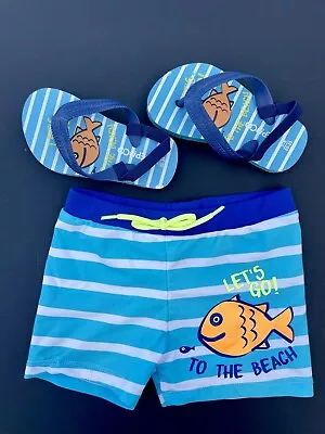 Baby Boys Swim Shorts & Flip Flops Set 9-12 Months Size 5-6 • £4.50