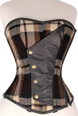 Brown Tartan Brown Real Pure Leather Steel Bones Lace Up Back Full Bust Corset • £69