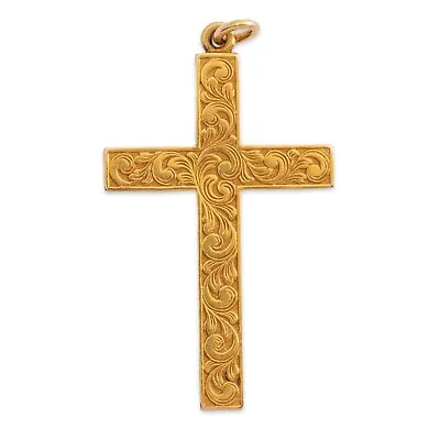 Large Vintage 10k Yellow Gold Engraved Cross Pendant • $259.50