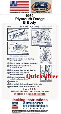 1969 Plymouth Satellite Road Runner GTX Jacking Instructions Trunk Lid Decal NEW • $6.49