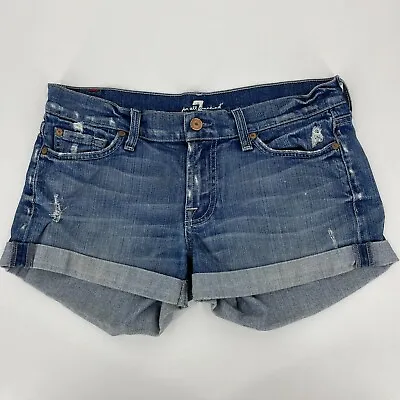 7 For All Mankind Denim Shorts Women's 28 Blue Mid Rise Cuff Distressed Cotton • $14.95