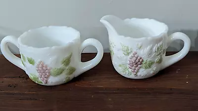 Vintage Westmoreland Milk Glass Leaf And Grapes Sugar Bowl Creamer Set • $12.95