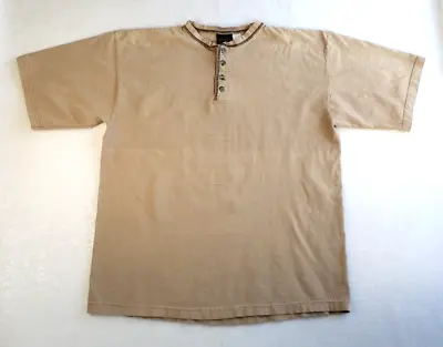 Bugle Boy Shirt Mens Large Henley Beige Short Sleeve Stretch Half Button Vintage • $10.99