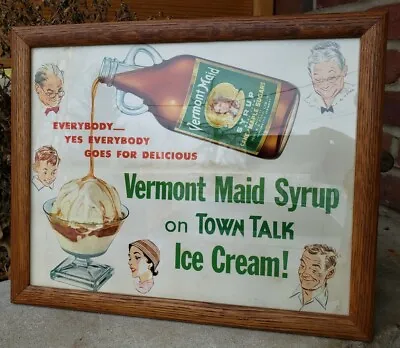 Vtg Vermont Maid Syrup Town Talk Ice Cream Graphic Advertising Sign Framed Card • $129.95