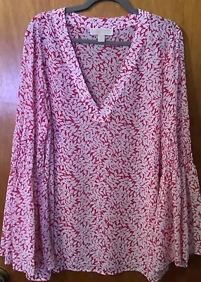 Michael Kors XL Tunic Blouse Red White Long Bell Sleeve V-Neck Top Free Ship • $14.99