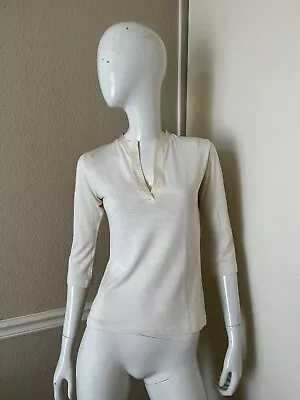 MAJESTIC PARIS Ivory Lightweight Silk/Linen Knit Split Neck 3/4 Sleeve Top Sz 2 • $34.99