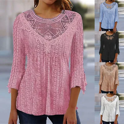 Womens 3/4 Sleeve Floral Lace Tops Pullover Ladies Autumn Casual T-Shirt Blouse • $20.13