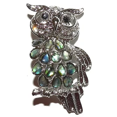 P2272 Owl Abalone Shell Gemstone & Rhinestone Crystal Silver Pendant 1pc • $16.50