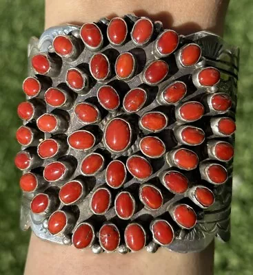 Navajo Native Sterling Silver Red Mediterranean Coral Cuff Bracelet C Yazzie • $2700