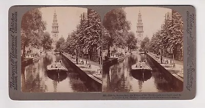 B3559)   ANTIQUE STEREOVIEW AMSTERDAM CANAL BOAT NETHERLANDS HOLLAND Ca.1904 • $3