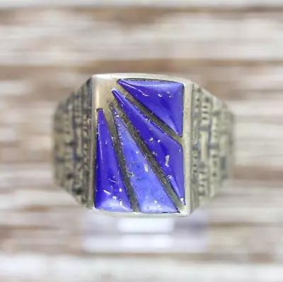 Vintage Lapis Inlay Men's Sterling Silver 925 Ring 10.5 Radiating Strong Design • $68