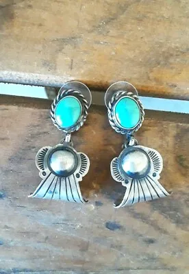 $85 • Buy V Hicks- Hand Stamped Sterling And Turquoise Repousse Dangle Earrings -NWOT