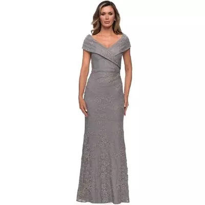 La Femme V-Neck Off Shoulder Knit Lace Sheath Long Dress Platinum Size 8 $438 • $38.25