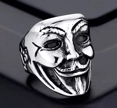 Anonymous Ring Silver V Like Vendetta Mask Skull Stainless Steel Biker Silver • £11.95