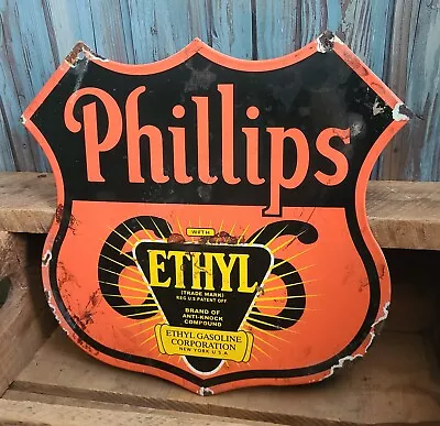 Vintage Phillips 66 Ethyl Gas Oil Service Station Porcelain Metal Shield Sign • $64