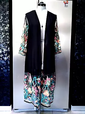 ❤️NEW 18 Xxl Black Chiffon Look Pink Green Floral Embroidered Long Kimono Jacket • $24.99