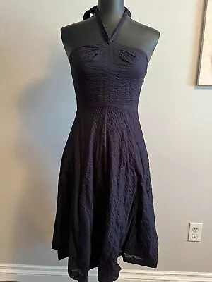 J.CREW Navy Blue Cotton Pucker Lined Halter Dress - Stunning!! EUC   Size 0 • $17.85