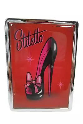 Fluff Hello Sexy Black Stiletto And Pink Bow Metal ID Mirror Case Compact Mirror • $12