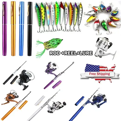 Mini Aluminum Portable Pen Shape Fishing Fish Rod Pole + Fish Reel + Fish Lures • $6.99