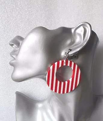 £4.50 • Buy Fab 60s Inspired Red & White Striped Hoop Earrings/Necklace - Clip-on & Pierced 