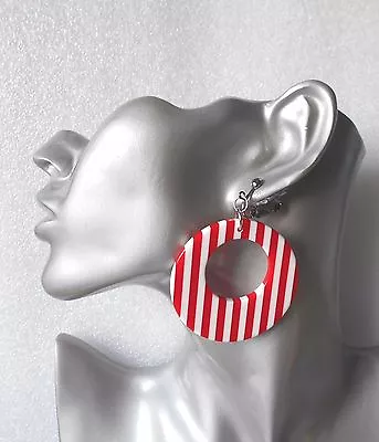 £4.50 • Buy Fab 60s Inspired Red & White Striped Hoop Earrings/Necklace - Clip-on & Pierced 