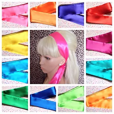 BRIGHT SATIN FABRIC SELF TIE BOW HAIR SCARF HEAD BAND 50s 60s VINTAGE 80s RETRO • £4.50