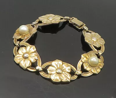 SYMMETALLIC 925 Silver & 14K GOLD - Vintage Pearls Floral Chain Bracelet- BT7971 • $92.25
