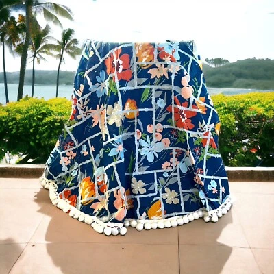 $34.99 • Buy 1970s Vintage Tropical Resort Print Pom Pom Round Table Cloth 5ft