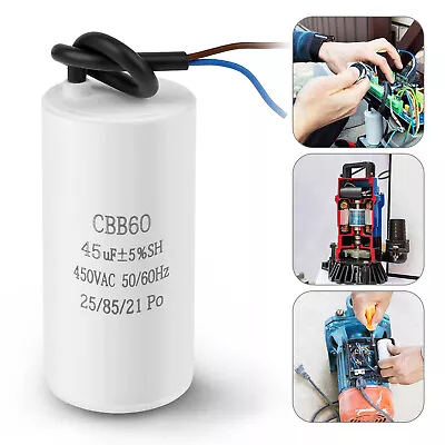 CBB60 Electric Motor Run Capacitor 450VAC 45uF 45MFD 50/60Hz 25/85/21 Po 2 Wires • $11.48