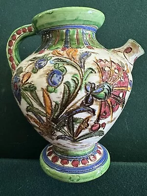 Vintage Italian Majolica Sgraffito Handled Jug Pitcher With Spout 1960's Vase • $23.60