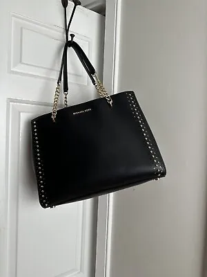 Michael Kors Black Saffino Studded Leather Large Chain Purse Shoulder Bag Tote • $89