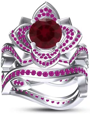 $135.37 • Buy Round Cut Simulated Ruby Flower Leaf Bridal Ring Set 14k  Gold Plated Silver