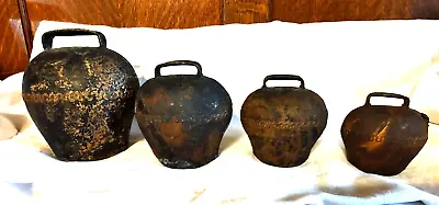 4 Antique Metal Graduated Set Swiss Cow Goat Farm Bells VTG Seamed Iron VTG • $204