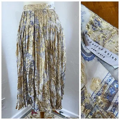 Charles Nolan Silk MetallicPleated Crinkle Midi Skirt Cream Gold Color Size 6 • $39.99