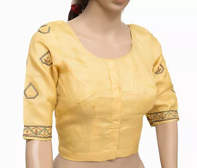 Size 32 Vintage Readymade Stitched Silk Sari Blouse Yellow Embroidered Choli Top • $22.99