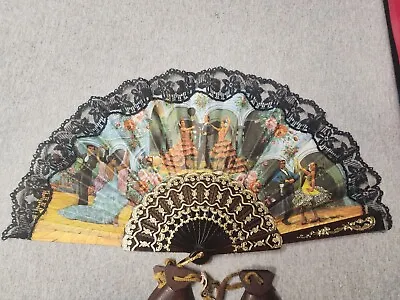 Vintage BLACK LACE SPANISH HAND FAN Beautiful Lace & Colors Plus Wood Castanets  • $14.25