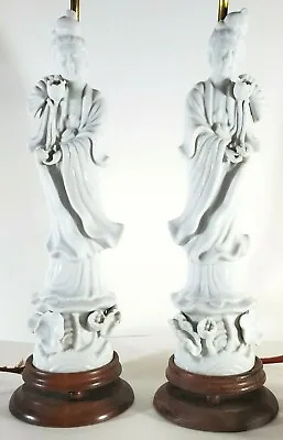 $395 • Buy PAIR Antique 19th C Chinese BLANC DE CHINE Kwan QUAN YIN Porcelain Statue LAMPS