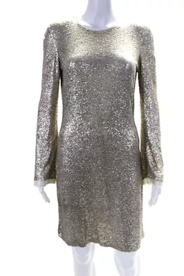 Naeem Khan Womens Back Zip Crew Neck Sequin Dress Silver Tone Size 8 • $233.99